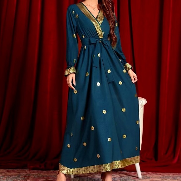 NWOT GORGEOUS Surplice Front India Saree Style Belted Maxi Teal Gold Dress - Picture 6 of 6